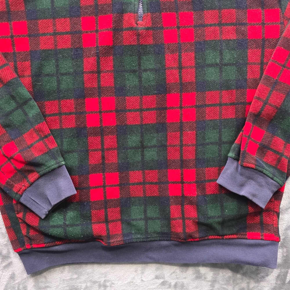 Vintage Gap Fleece Pullover M Red Green Mens 1/4 Zip Plaid Polyester Mock Neck - Picture 3 of 10